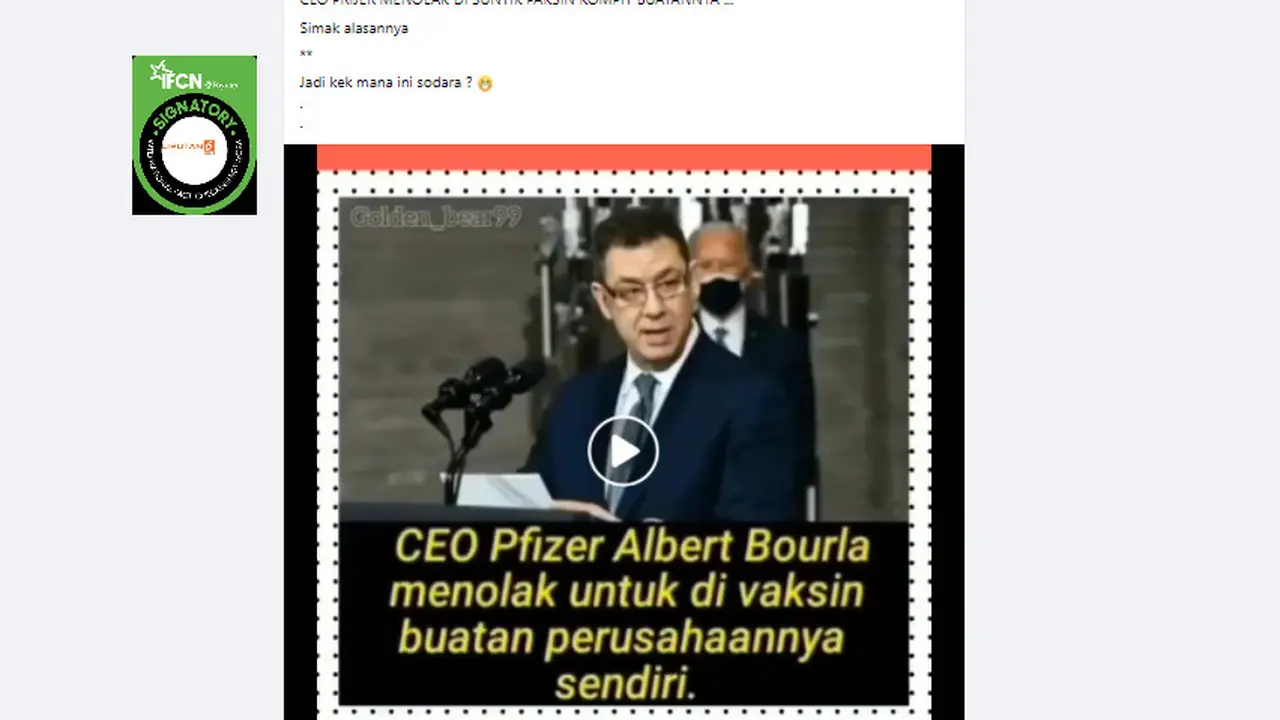 Cek Fakta Liputan6.com menelusuri klaim CEO Pfizer Albert Bourla menolak gunakan vaksin buatan perusahaannya