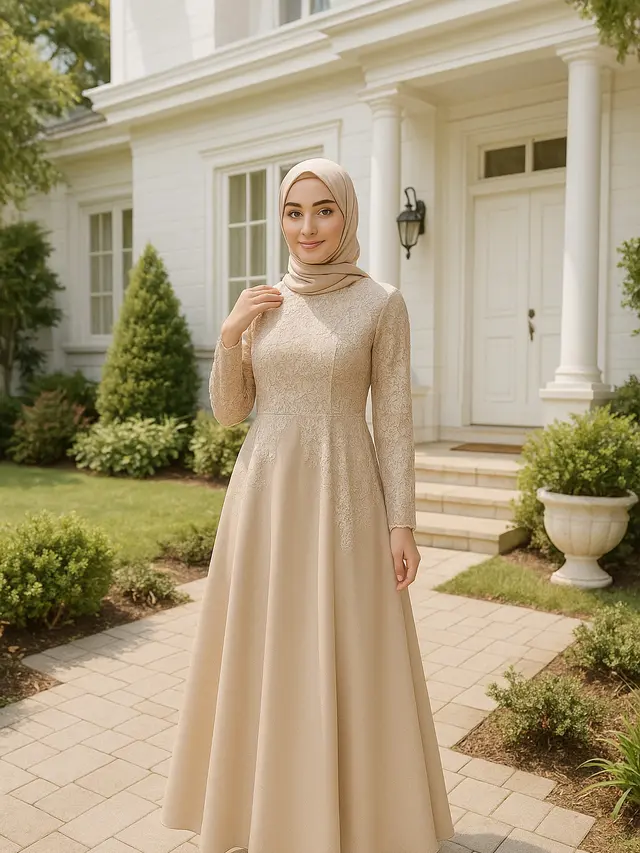 Gamis Modern dengan Sentuhan Brokat