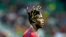 Pemain Spanyol, Nico Williams, saat melawan Kosta Rika pada laga Piala Dunia 2022 di Stadion Al Thumama, Doha, Rabu (23/11/2022). (AP/Francisco Seco)