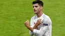Penyerang Spanyol, Alvaro Morata melakukan selebrasi setelah mencetak gol ke gawang Italia pada pertandingan semifinal Euro 2020 di di stadion Wembley di London, Rabu (7/7/2021).  Italia akan bertemu antara pemenang Inggris vs Denmark di babak final. (Facundo Arrizabalaga/Pool Photo via AP)