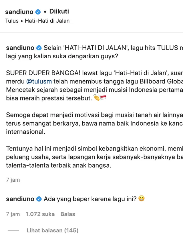 Unggahan Sandiaga Uno soal Tulus. (Foto: Dok. Instagram @sandiuno)
