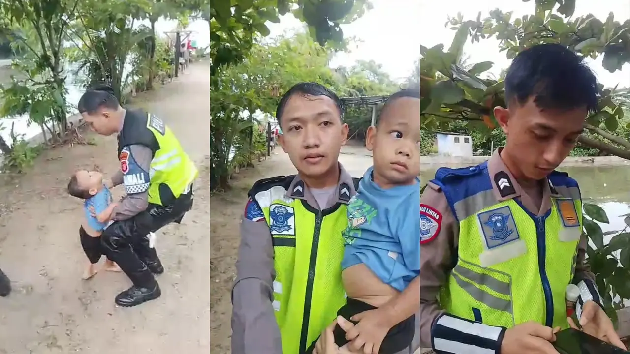 Detik-Detik Aksi Heroik Polantas di Lampung Selamatkan Bocah Tenggelam di Muara Sungai