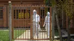 Para dokter mengenakan pakaian pelindung setelah mengunjungi seorang pasien yang kontak dengan korban Ebola, di bagian isolasi Rumah Sakit Rujukan Regional Entebbe di Entebbe, Uganda Kamis, 20 Oktober 2022. Pejabat WHO mengatakan pada Kamis (20/10), Wabah Ebola di Uganda berkembang pesat dalam sebulan yang membuat situasi yang sulit bagi petugas kesehatan di lapangan. (AP Photo/Hajarah Nalwadda)