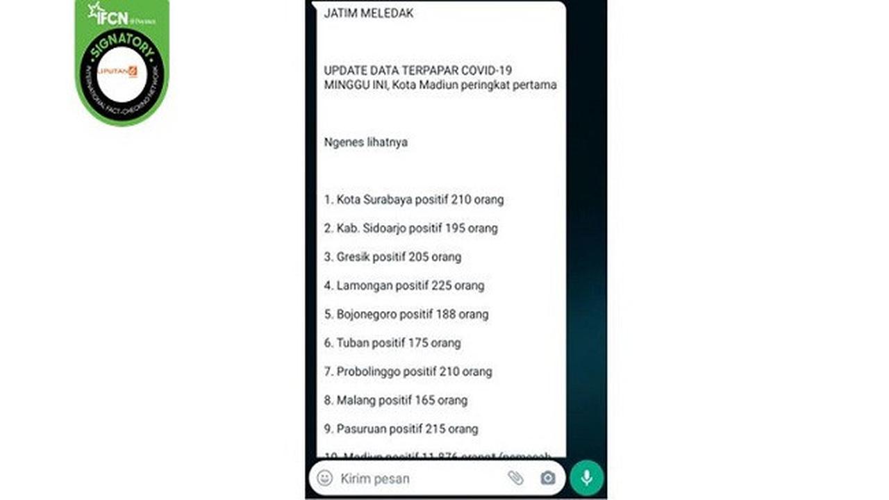 Gambar Tangkapan Layar Pesan Berantai Hoaks Berisi Informasi Ledakan Kasus Virus Corona COVID-19 di Jawa Timur (sumber: WhatsApp).