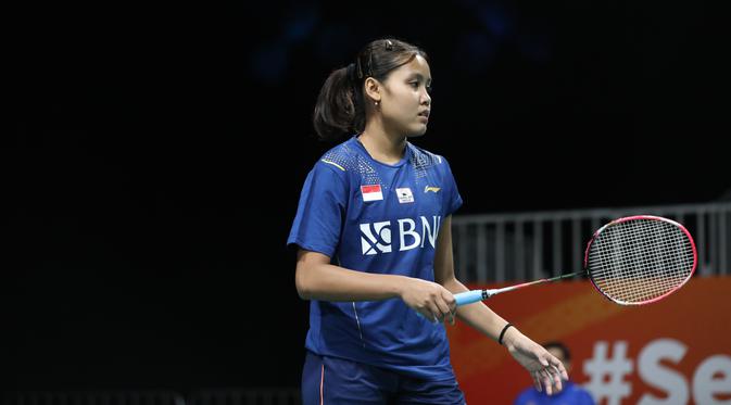 Bilqis Prasista saat tampil melawan Kamila Smagulova pada Kejuaraan Bulu Tangkis Asia Beregu (BATC) 2022.  Dalam laga ini, Bilqis menang dengan skor 2-0. (PBSI)