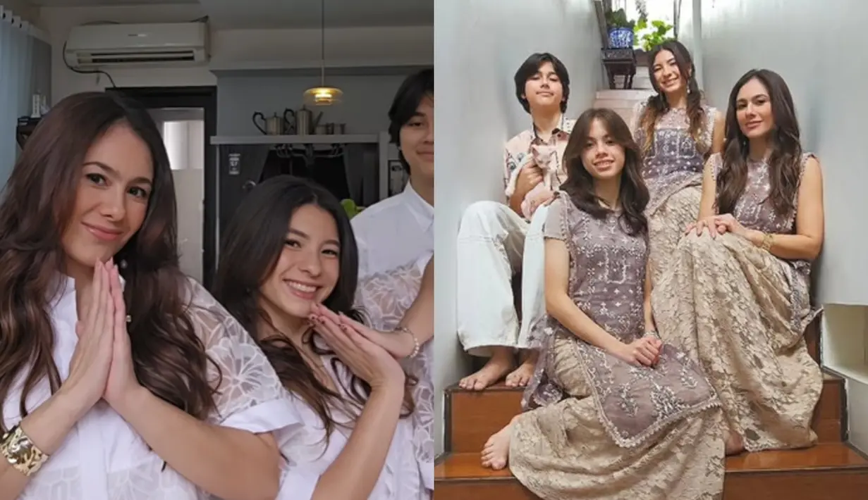Wulan Guritno dan anak-anaknya juga kenakan dua set baju Lebaran. Saat Sholat Ied, mereka kenakan kemeja putih dengan detail lace bunga. Setelah itu berganti jadi atasan sleeveless dan rok panjang lace [@wulanguritno]