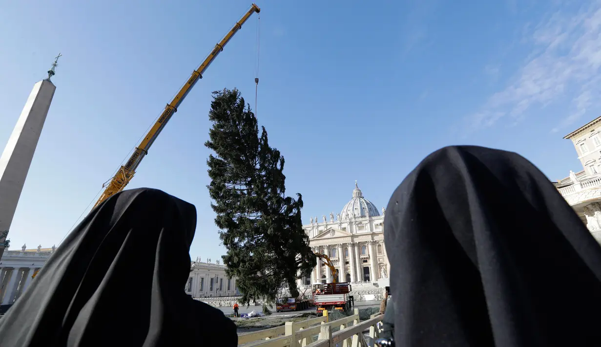 Dua biarawati melihat sebuah derek yang dikerahkan untuk mendirikan pohon Natal raksasa di Alun-alun Santo Petrus, Vatikan, Kamis (23/11). Pohon Natal yang didatangkan dari Polandia ini tingginya mencapai 28 meter. (AP Photo/Andrew Medichini)