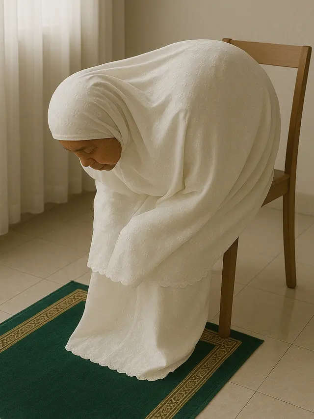 Ilustrasi lansia sholat duduk (Foto: ChatGPT)