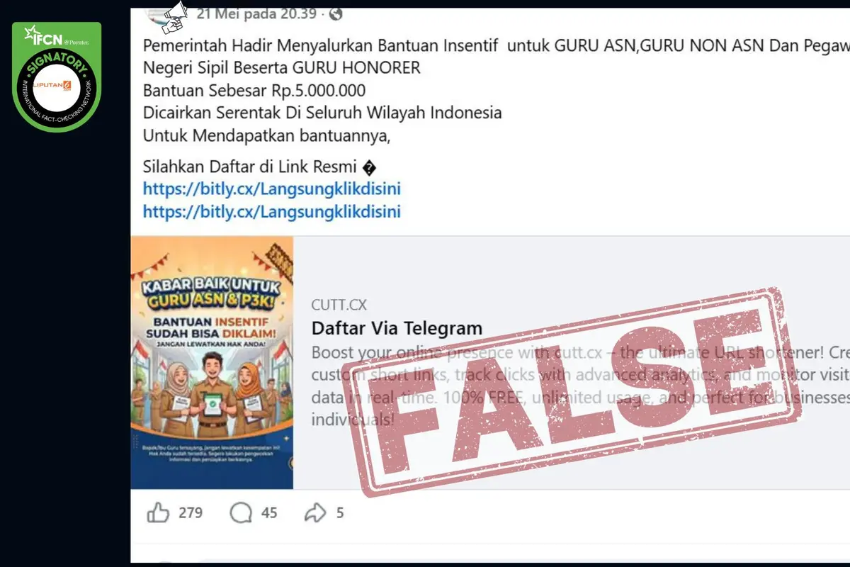 Cek Fakta Liputan6.com menangkap layar klaim link pendaftaran insentif untuk guru honorer dan ASN Rp 5 juta