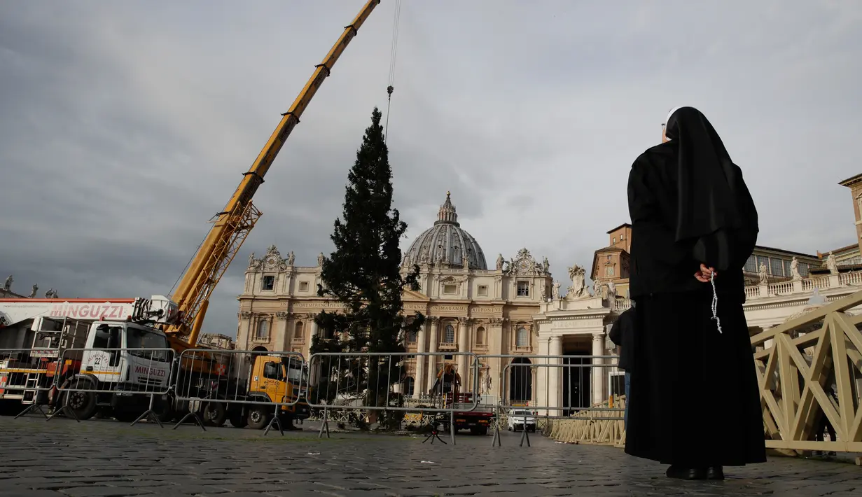 Seorang biarawati memandangi sebuah crane yang mengangkat pohon cemara di Lapangan Santo Petrus, Vatikan, Kamis (21/11/2019). Pohon Natal setinggi 26 meter tersebut berasal dari Dataran Tinggi Asiago di timur laut Italia dan disumbangkan oleh wilayah Veneto. (AP Photo/Alessandra Tarantino)