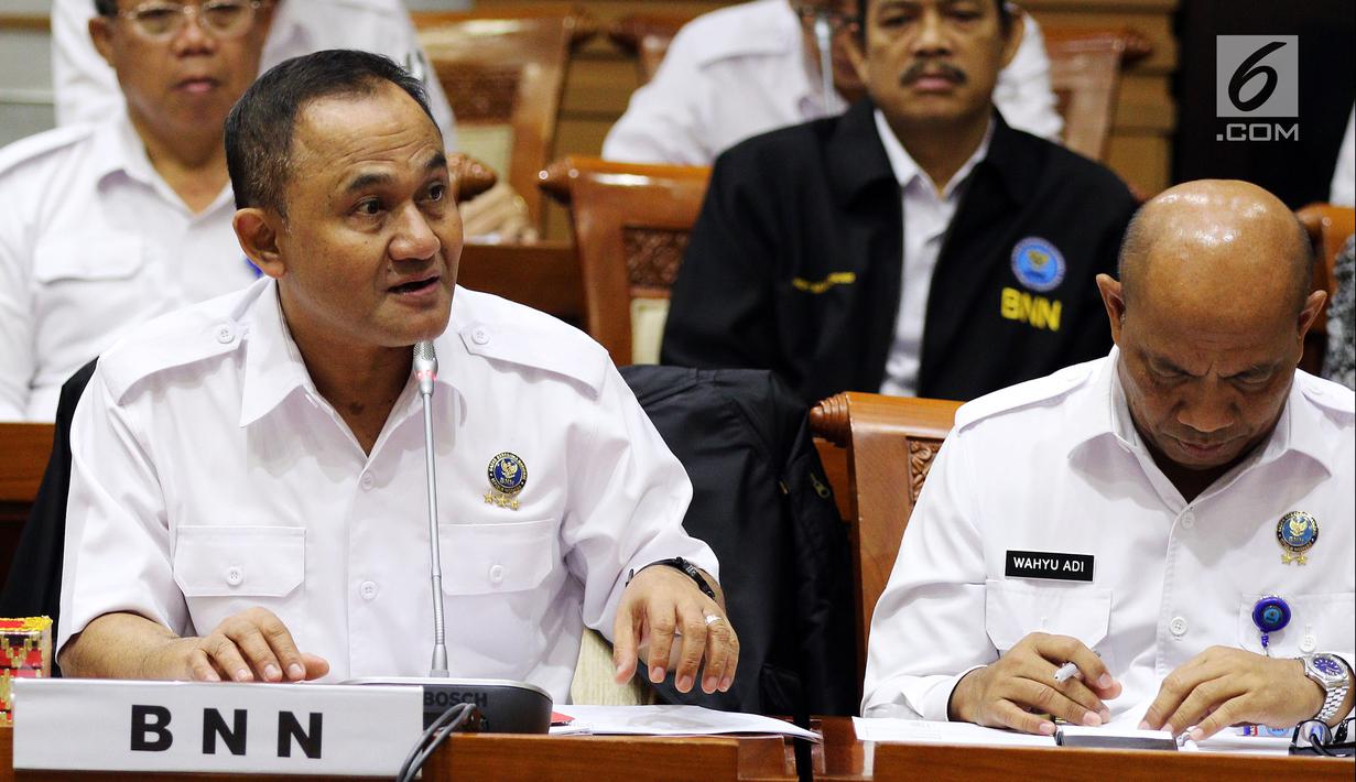 Kepala BNN Irjen Pol Heru Winarko saat Rapat Dengar Pendapat (RDP) dengan Komisi III DPR di Jakarta, Kamis (7/6). Rapat membahas Rencana Kerja dan Anggaran Kementerian dan Lembaga (RKAKL) dan Rencana Kerja Pemerintah (RKP) 2019. (Liputan6.com/JohanTallo)