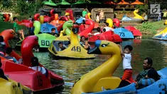 Pengunjung bermain bebek-bebekan saat mengisi libur Lebaran di Kebun Binatang Ragunan, Jakarta, Sabtu (16/6). Kebun Binatang Ragunan masih menjadi tempat favorit warga Jakarta untuk menghabiskan libur Lebaran. (Liputan6.com/JohanTallo)