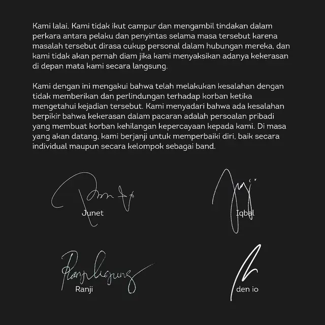Pernyataan sikap band Amigdala. (Foto: Dok. Instagram @musikamigdala)