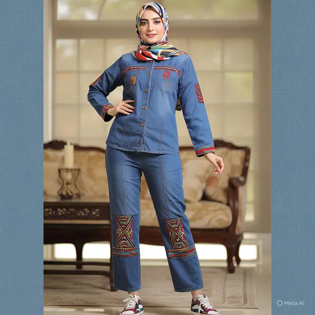Setelan Denim dengan Aksen Etnik