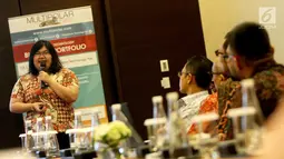 Compliance & Presales Section Head PT Multipolar Technology Tbk Cindy Wiana menjelaskan metode penerapan PSAK 71 Jakarta (23/7). Kehadiran VisionIFRS untuk mempermudah menerapkan PSAK 71 bagi lembaga keuangan pelaporan ke BI. (Liputan6.com/HO/Palar)