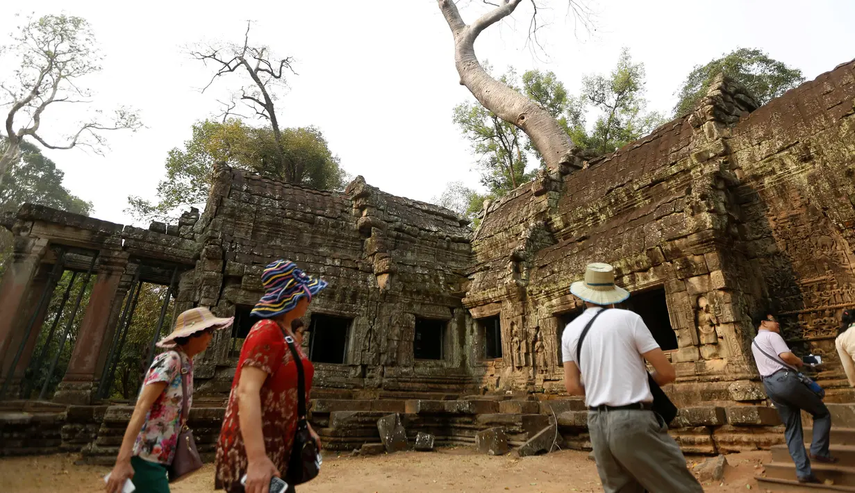 Wisatawan mengunjungi kompleks kuil Ta Prohm di provinsi Siem Reap, Kamboja. Dengan membiarkan lilitan akar pohon besar memeluk tubuh candi inilah keunikan yang menjadikan Ta Phrom salah satu candi paling banyak dikunjungi wisatawan. (REUTERS/Samrang Pring)