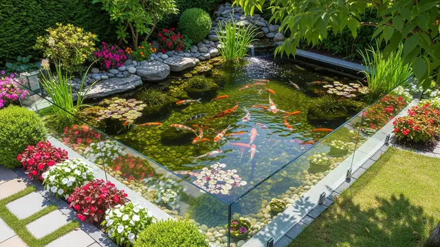 Kolam Ikan Koi dengan Pembatas Kaca Tempered