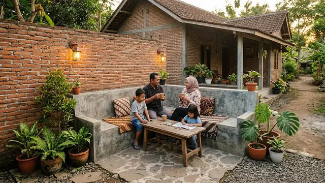 Desain Area Santai Permanen dari Semen dan Bata Ekspos yang Cocok untuk Family Time Model Sudut Halaman