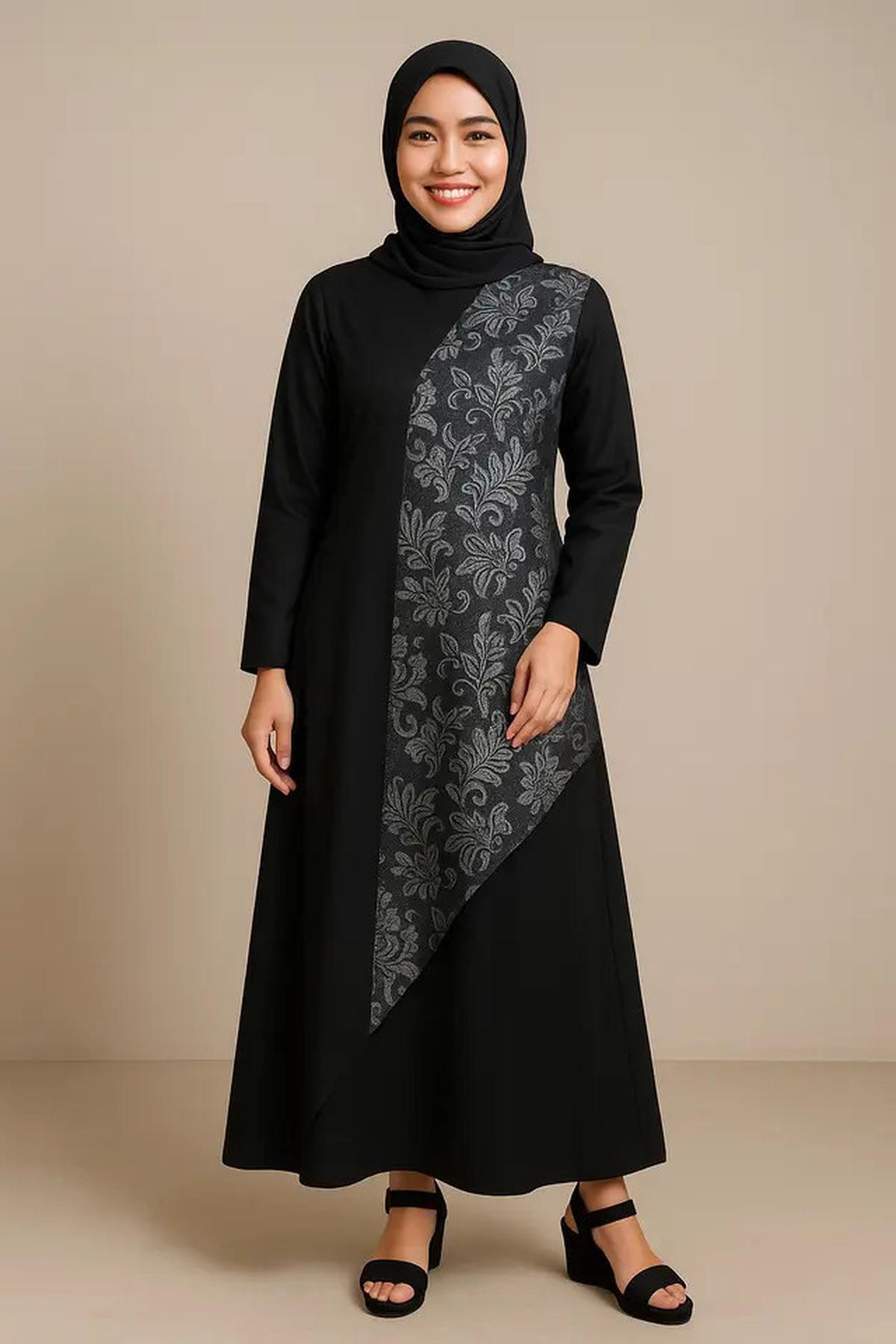 10 Model Gamis Batik Kombinasi Hitam Polos dan Silver, Jadi Outfit Kece Selama 2025