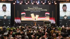Presiden Prabowo Subianto menyampaikan pidato saat peresmian layanan perbankan emas batangan oleh Pegadaian dan Bank Syariah Indonesia, di Jakarta pada Rabu 26 Februari 2025. (BAY ISMOYO/AFP)