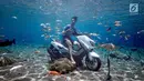 Pengunjung berfoto di atas sepeda motor dalam kolam renang Umbul Ponggok, Desa Polanharjo, Klaten, Jawa Tengah, Minggu (30/9). Selain sepeda motor, kolam renang ini juga berisi ikan, bebatuan, dan properti lainnya. (Liputan6.com/Gholib)