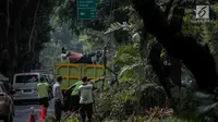Petugas pertamanan DKI Jakarta membersihkan pohon usai dipangkas di Jalan Sutan Syahrir, Jakarta, Kamis (15/8/2019). Pemangkasan pohon tersebut dilakukan untuk menghidari pohon tumbang yang diakibatkan oleh angin dan hujan lebat saat musim penghujan tiba. (Liputan6.com/Faizal Fanani)
