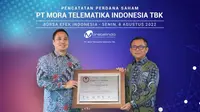 Pencatatan perdana saham PT Mora Telematika Indonesia Tbk (MORA) atau disebut Moratelindo, Senin (8/8/2022) (Foto: BEI)