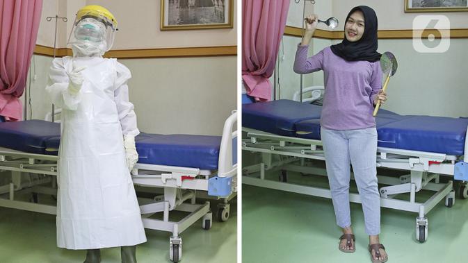 Perawat Maria Ulfa (23) berpose dengan Alat Perlindung Diri (APD) dan alat masak saat di jumpai di Rumah Sakit Jati Sampurna, Bekasi, Jawa Barat. Maria selain menangani pasien Covid-19 ia mempunyai hobi memasak. (Liputan6.com/Herman Zakharia)