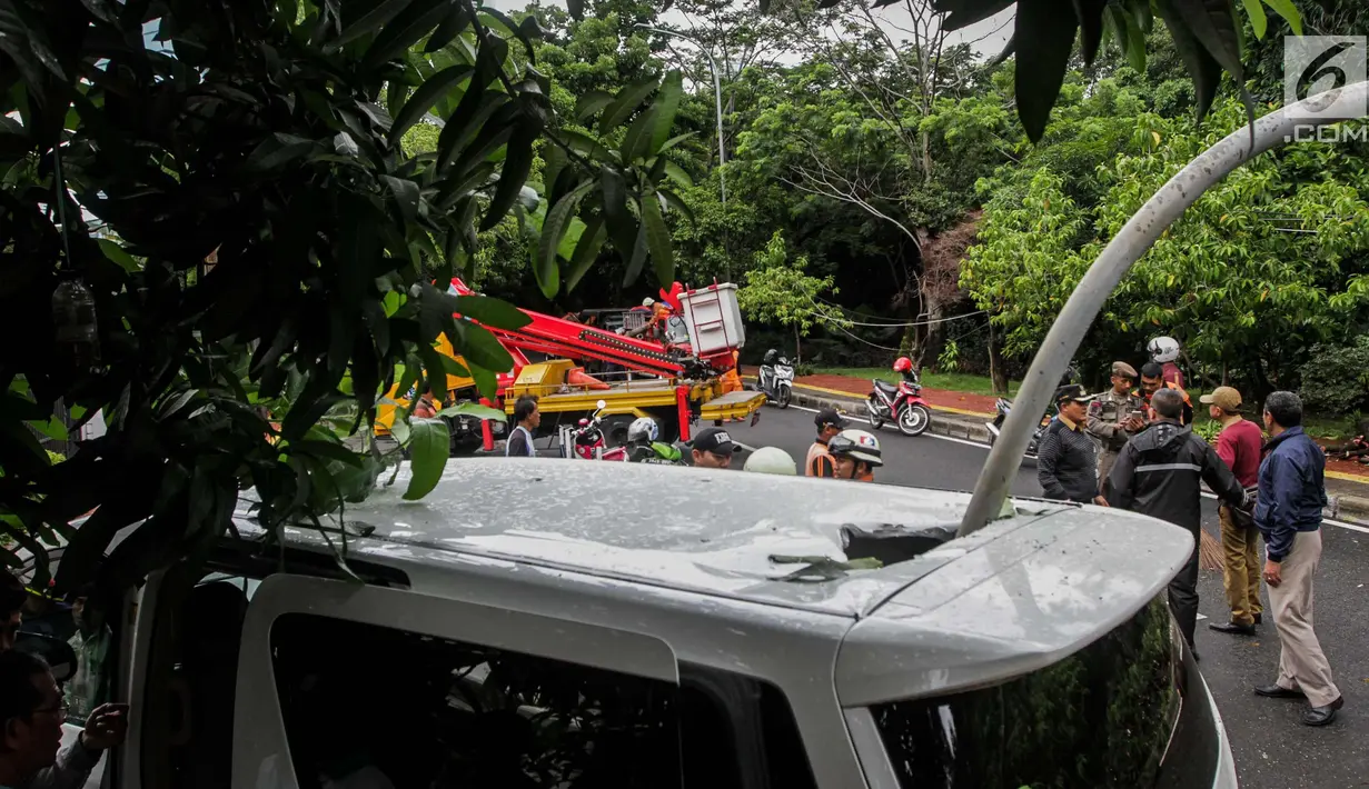 Kondisi bagian belakang mobil setelah tertimpa lampu jalan di kawasan jalan purworejo Menteng, Jakarta, Senin (27/11). Dalam kejadian tersebut tidak ada korban jiwa dalam kejadian tersebut. (Liputan6.com/Faizal Fanani)