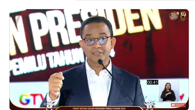 Calon presiden nomor 1 Anies Baswedan saat debat capres ketiga yang digelar KPU pada Minggu (7/1/2024) di Istora, Senayan, Jakarta.