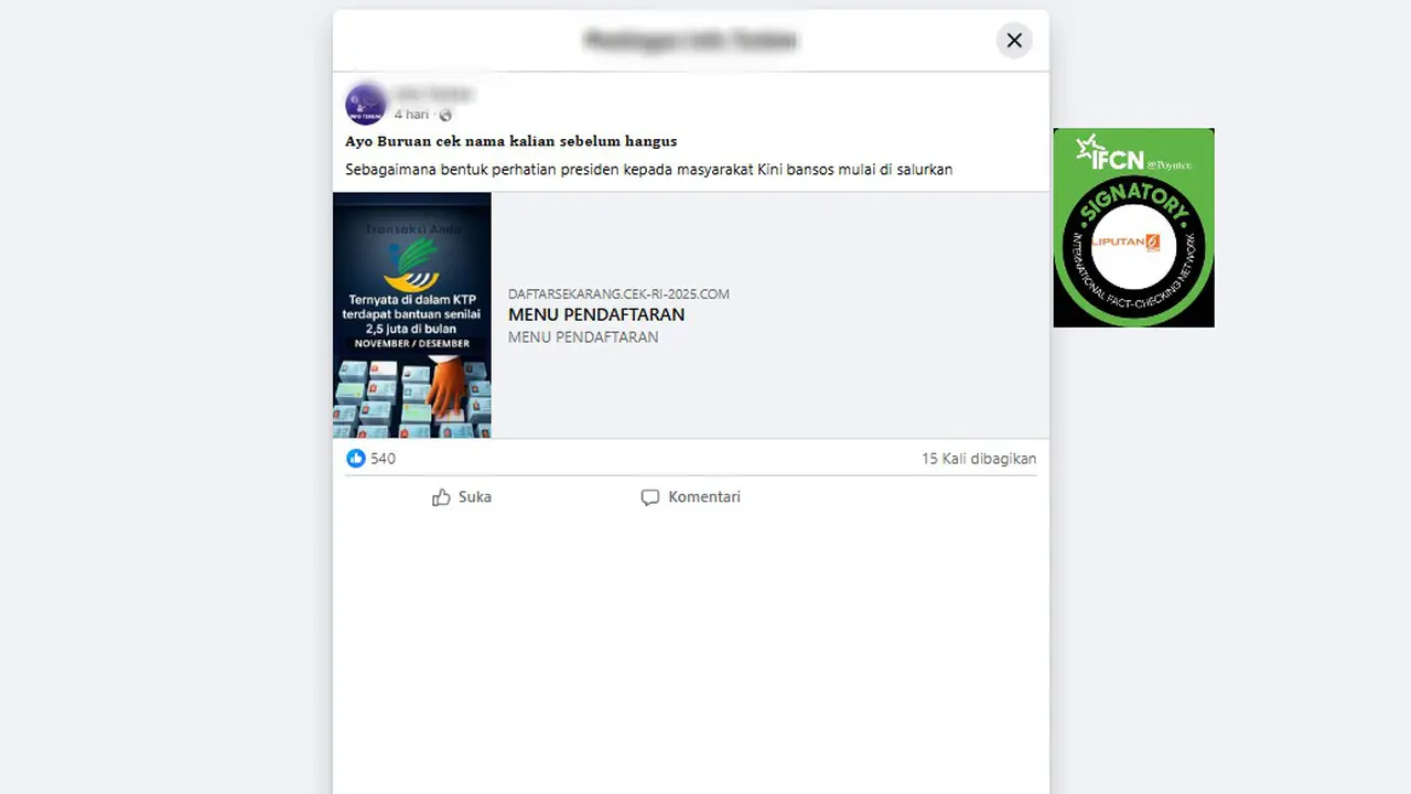 Tangkapan layar klaim link pendaftaran bansos KTP senilai Rp 2,5 juta bulan November/Desember yang beredar di Facebook.