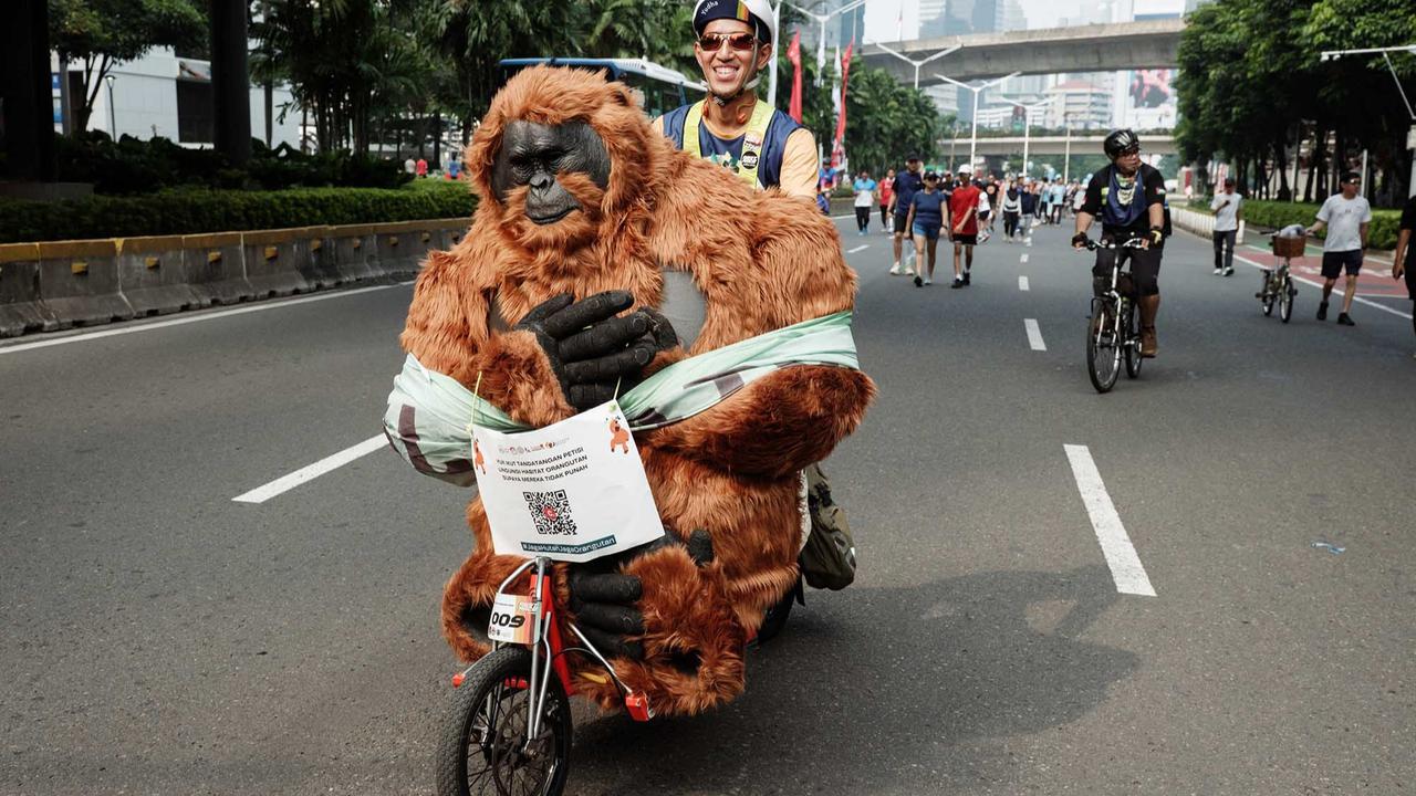 FOTO: Gowes Berkostum Orangutan di Jakarta, Seruan untuk Selamatkan Habitat Satwa Langka