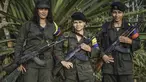 Tiga gerilyawati FARC berpose di kamp Magdalena Medio, Kolombia (15/3/2016). Gerilyawati FARC dikenal lebih sadis terhadap musuh daripada pasukan gerilyawan. (AFP Photo/Luis Acosta)