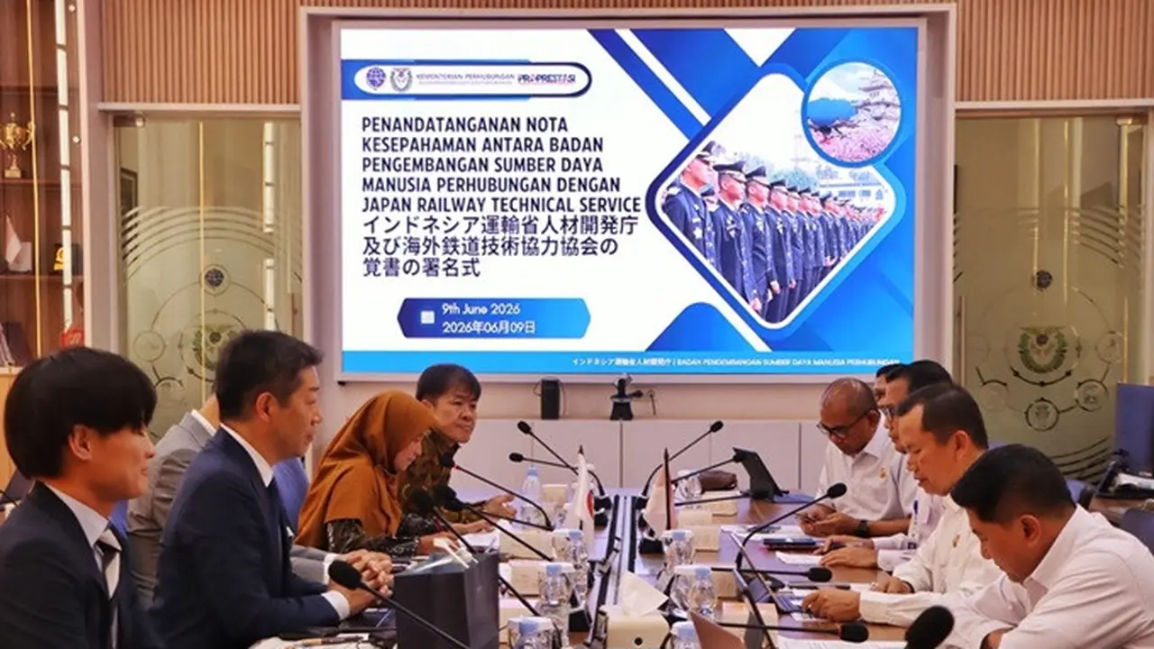 BPSDMP Kementerian Perhubungan RI dan Japan Railway Technical Service menandatangani MoU untuk memperkuat kerja sama pengembangan sumber daya manusia sektor transportasi dan penempatan tenaga kerja Indonesia di Jepang pada 9 Juni 2026.