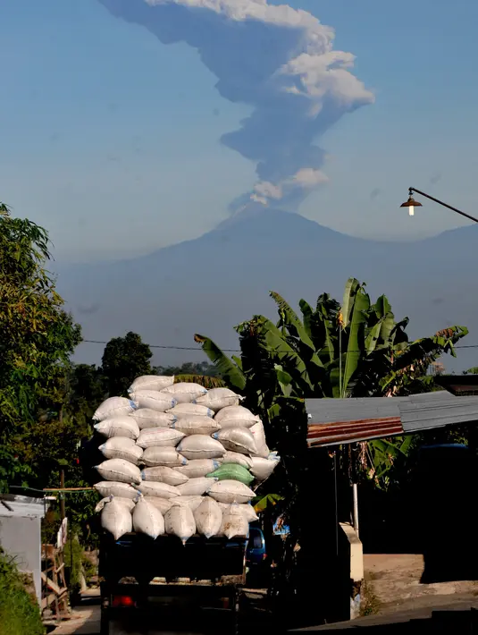 Aktivitas warga saat Gunung Merapi di Karanganyar di provinsi Jawa Tengah (1/6). Serangkaian letusan Gunung Merapi pada akhir 2010 menewaskan lebih dari 350 orang dan membuat lebih dari 250.000 penduduk desa mengungsi. (AFP Photo/Anwar Mustafa)