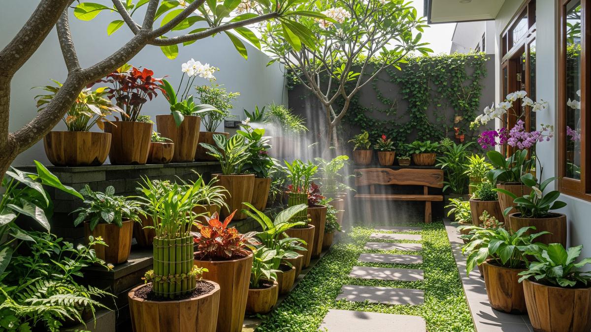 7 Desain Kebun Rumah dengan Tanaman dan Kayu yang Bikin Suasana Sejuk, Alami dan Estetik