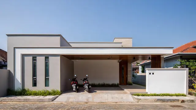 Desain Rumah Tipe 45 Satu Lantai dengan Garasi Muat 2 Motor dan Tampak Luas (AI)