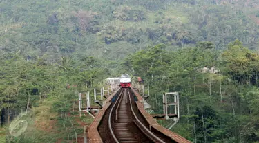 Kereta melintasi Jembatan Cikubang, Cipatat, Kabupaten Bandung Barat, 5 Juli 2016. Jembatan Cikubang sepanjang 300meter ini merupakan jembatan kereta terpanjang di Indonesia dan menghubungkan Bandung dengan Jakarta. (Liputan6.com/Immanuel Antonius)