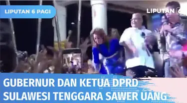 Viral! Gubernur Sulawesi Tenggara, Alimazi dan Ketua DPRD Sulawesi Tenggara, Abdurahman Saleh sawer uang di atas panggung. Nampak juga Bupati Buton Utara, Ridwan Zakariah asyik berjoget dengan biduan tanpa prokes.