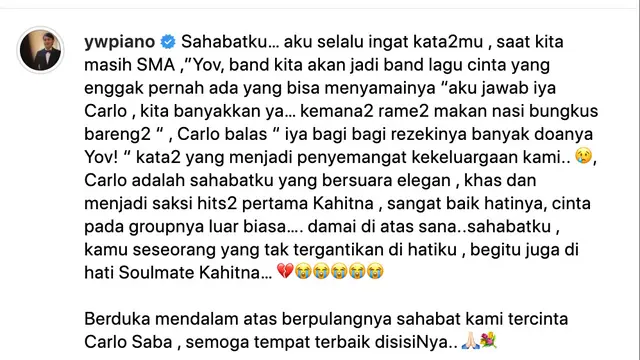 Status teks Yovie Widianto mengenang almarhum Carlo Saba. (Foto: Dok. Instagram @ywpiano)