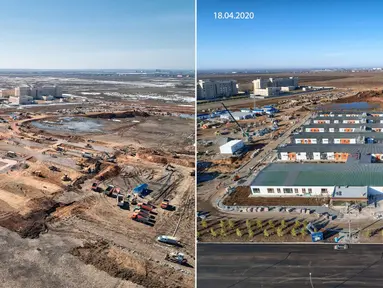 Foto gabungan menunjukkan perkembangan pembangunan sebuah rumah sakit darurat pada 5 April 2020 (kiri) dan pada 18 April 2020 di Nur-Sultan, Kazakhstan. Kazakhstan membangun rumah sakit darurat untuk merawat pasien COVID-19 hanya dalam waktu 13 hari di ibu kota negara tersebut. (Xinhua/BI Group)