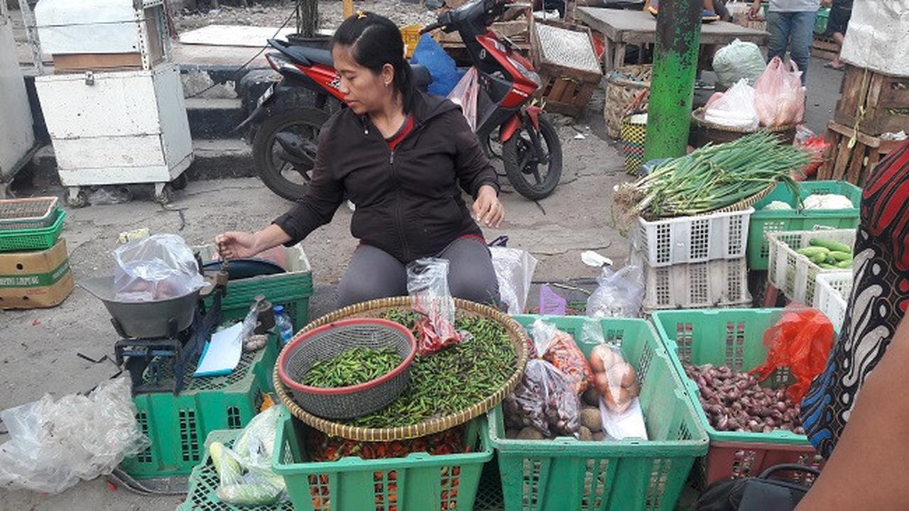 Wiwin (35) tengah menjajakan dagangannya di Pasar Benhil Jakarta Pusat. (Liputan6.com/ Bawono)