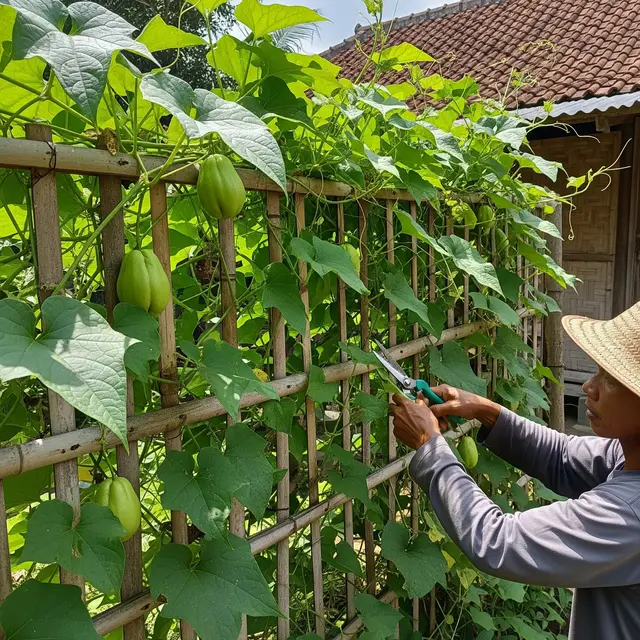 Kebun Labu Siam Rambat di Pagar Bambu (Gemini AI)