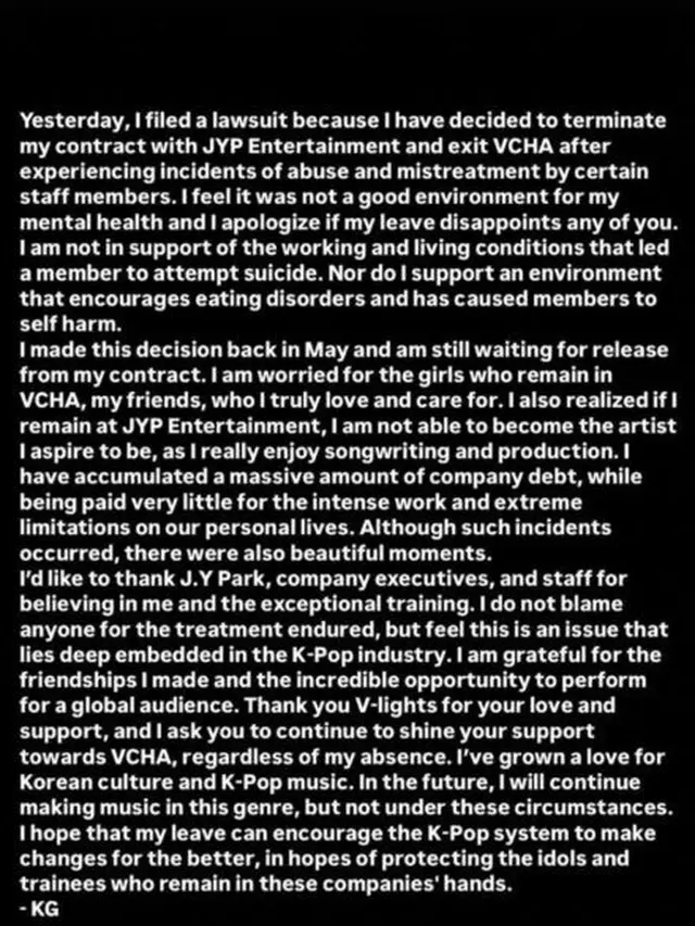 KG VCHA Umumkan Pengunduran Diri dan Gugat JYP Entertainment