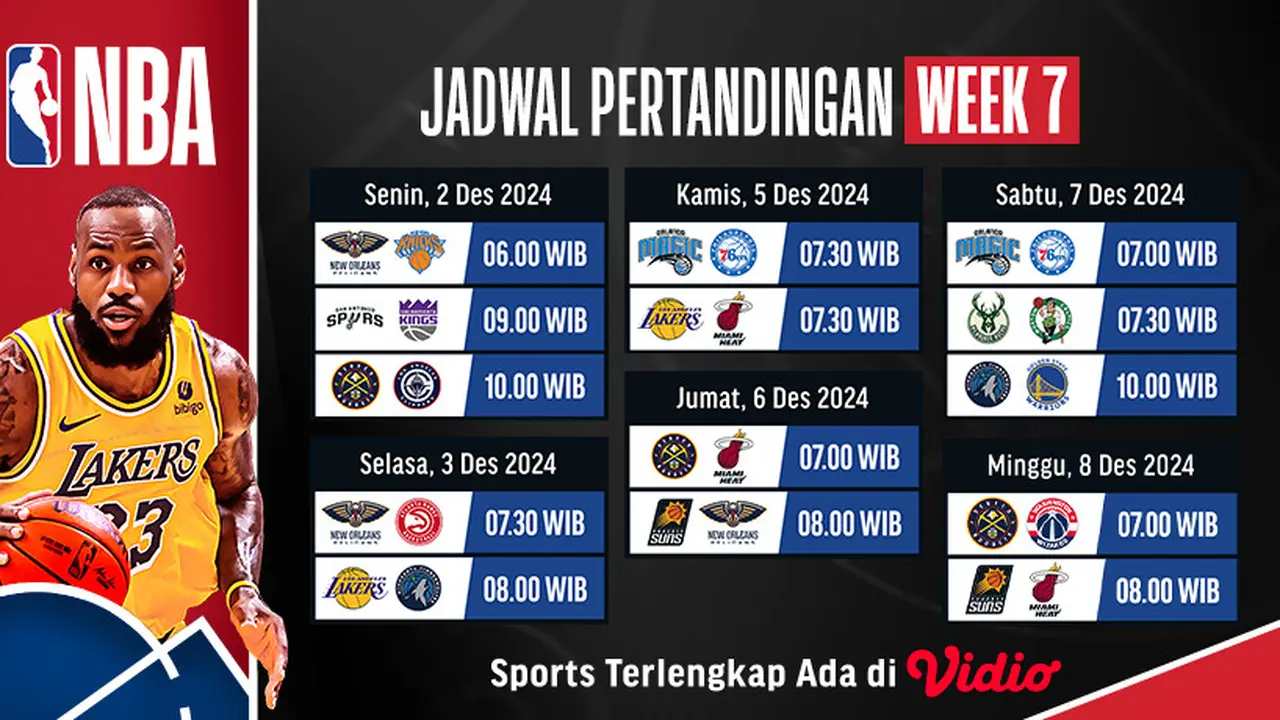 Jadwal NBA Season 2024/2025 Pekan 7