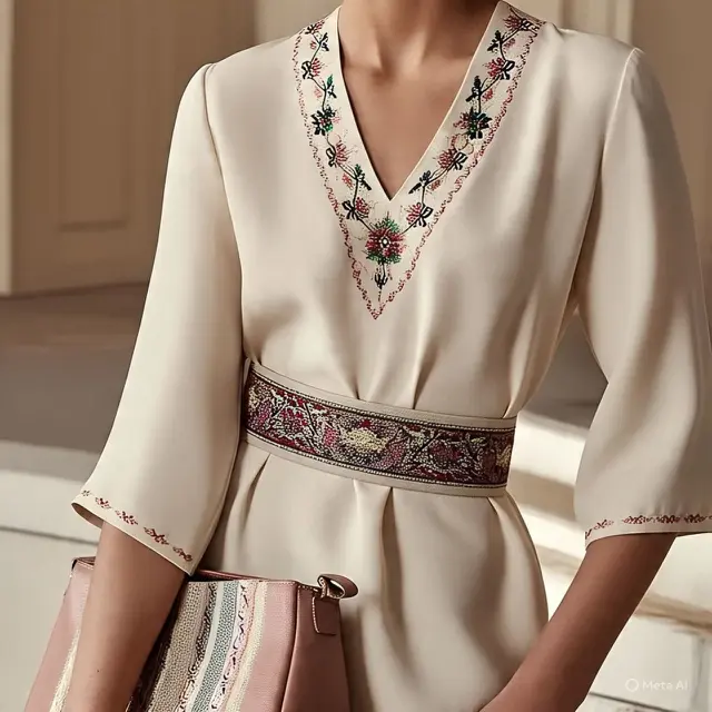 Model Payet di Tepi Depan V-Neck dan Belt