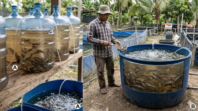 Perbandingan Ternak Lele dalam Galon vs Drum di Lahan Sempit (Foto: Gemini AI)