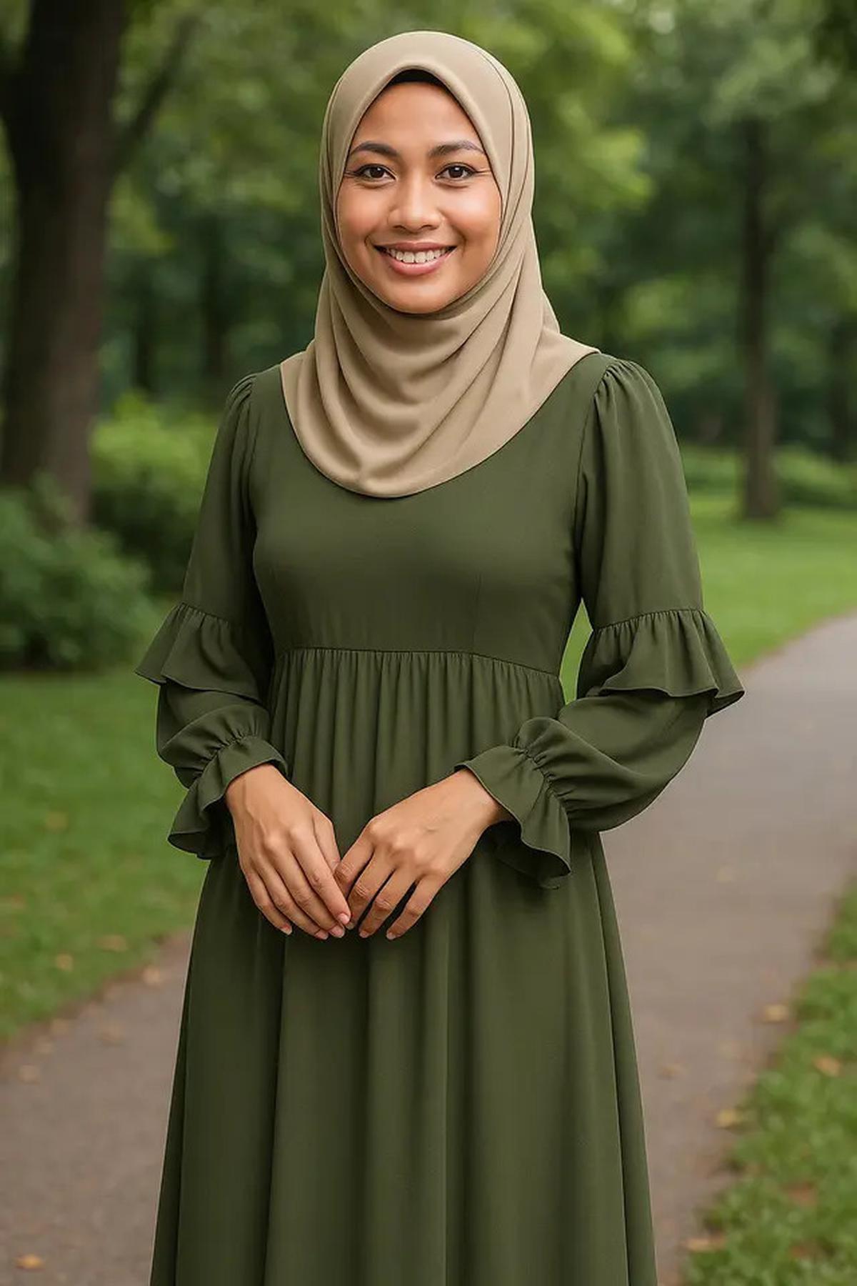 8 Inspirasi Long Dress Lengan Ruffle untuk Ibu-ibu, Bikin Tampilan Awet Muda dan Anggun