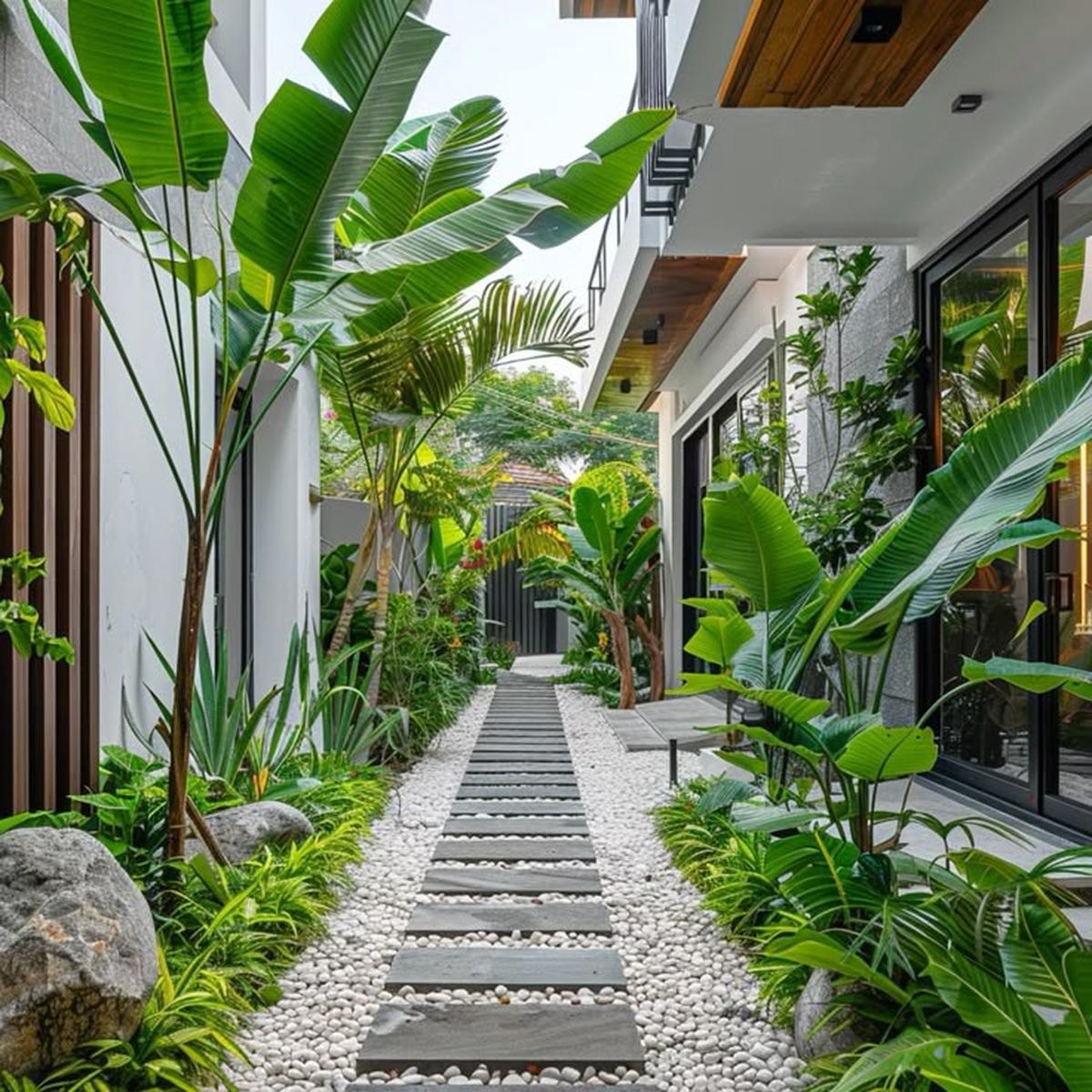 Ilustrasi Taman Depan Rumah dengan Lahan Sempit Bernuansa Tropis Minimalis (©Pinterest)
