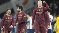 Manchester City meraih kemenangan 1-0 atas Tottenham Hotspur pada laga pekan ke-27 Premier League di Tottenham Hotspur Stadium, Kamis (27/2/2025) dini hari WIB. Gol tunggal kemenangan City dicetak Erling Haaland. (AP Photo/Frank Augstein)